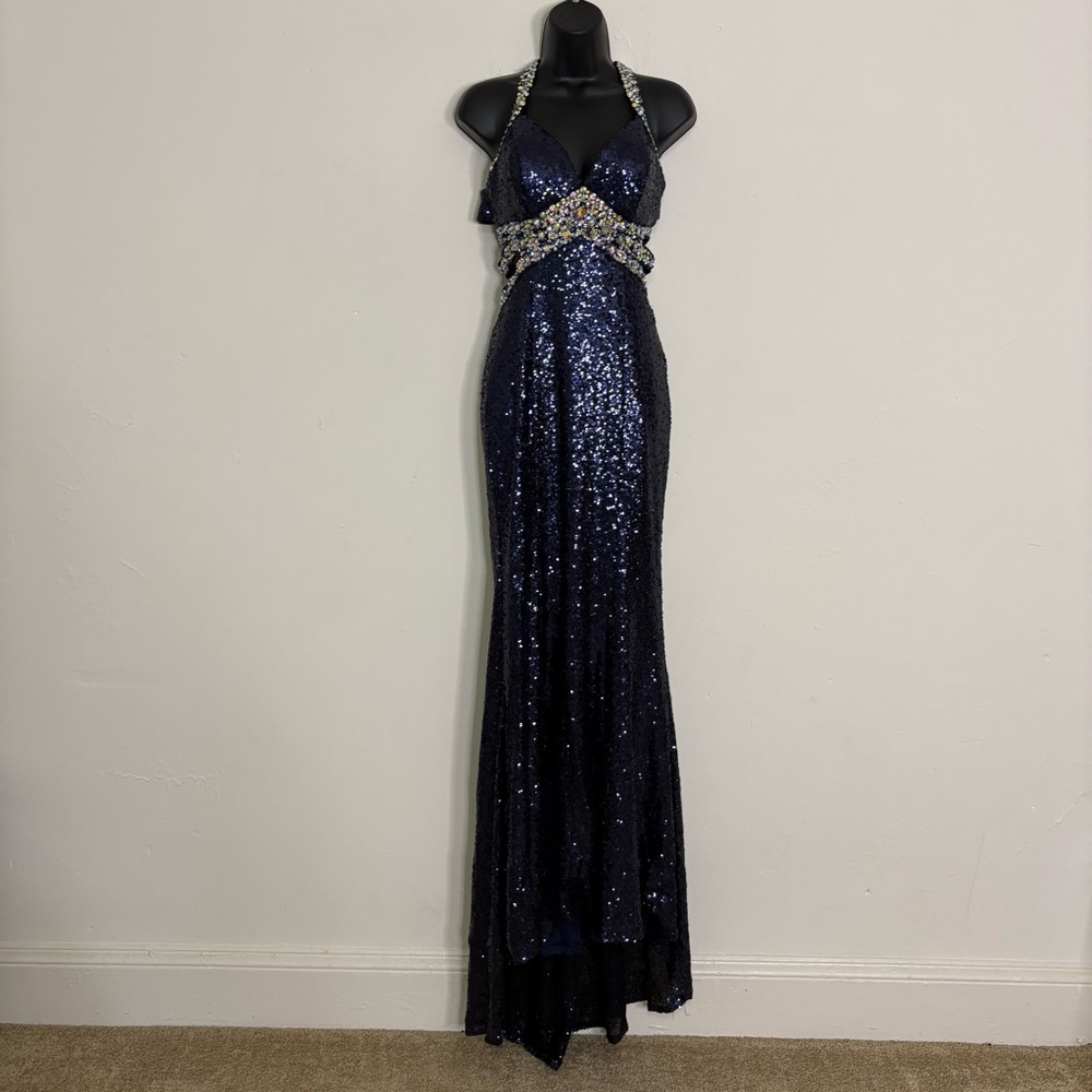 Faviana Navy Blue Halter Beaded Prom / Pageant Gown - Size: 6
